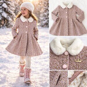 Disney Girls Tweed Princess Coat with Faux Fur Collar | Pink Gold Sparkle Jacket